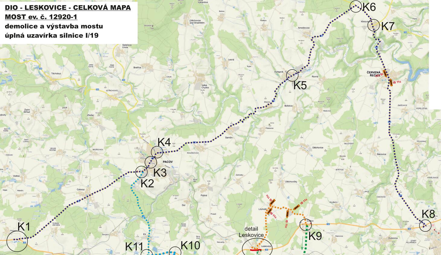 přehled objízdných tras demolice mostu Leskovice