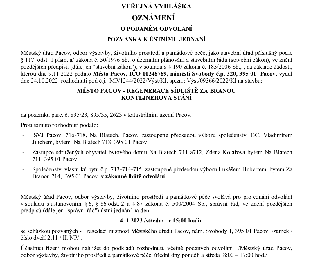 pozvnáka na projednání odvolání